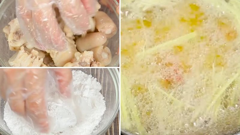 Các bước lăn bột đuôi heo và chiên trong dầu sôi cùng sả