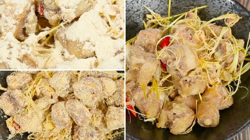 Đuôi heo tẩm bột gạo rang cùng sả và ớt, chuẩn bị rang muối.