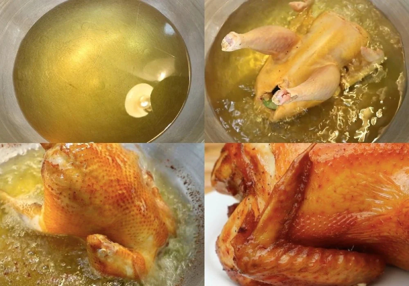 Thả gà vào nồi dầu đang nóng để chiên