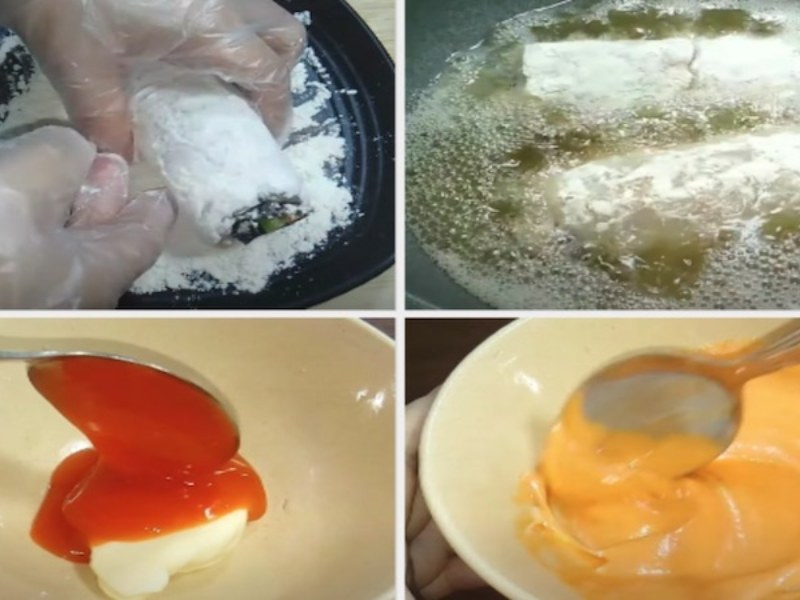 Ướp bột, chiên gà cuộn rong biển và làm nước sốt chấm