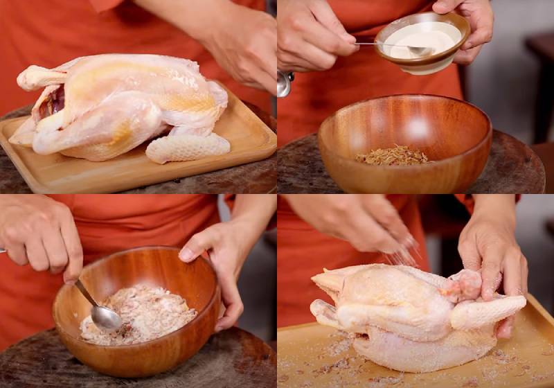 Công đoạn ướp gà với hỗn hợp gia vị