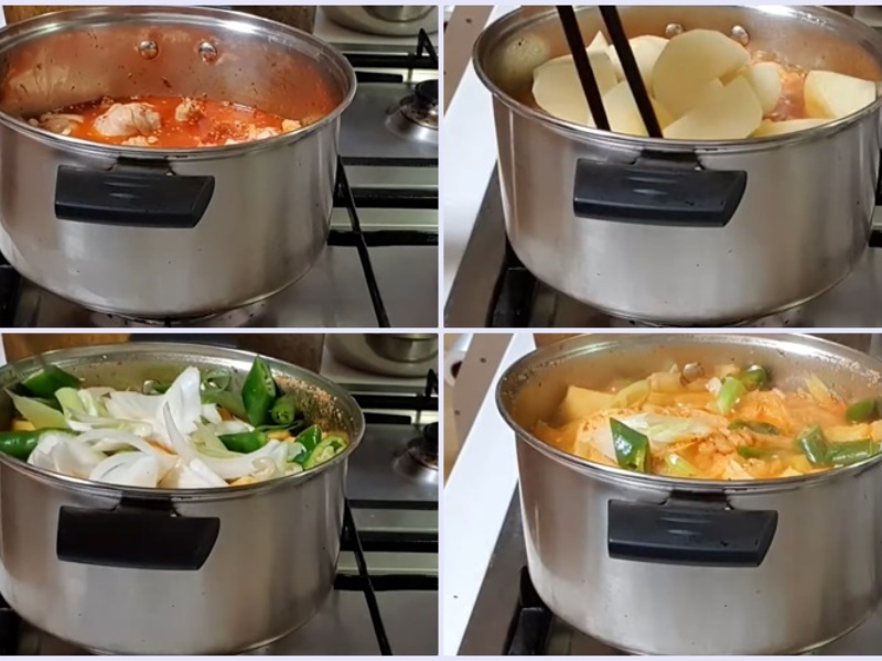 Công đoạn hầm gà cùng khoai tây, cà rốt