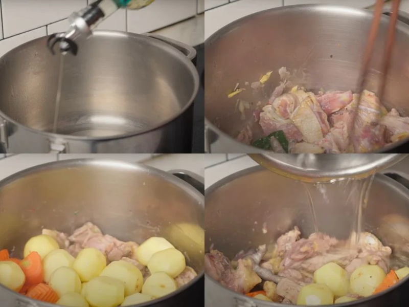 Tiến hành nấu món gà hầm với khoai tây và cà rốt
