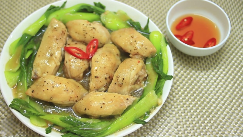 thành phẩm món gà hấp cải thìa