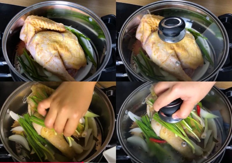 Công đoạn làm gà hấp hành
