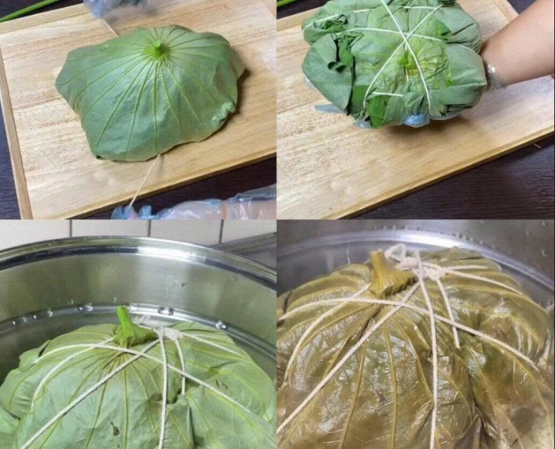 Tiến hành gói gà vào lá sen