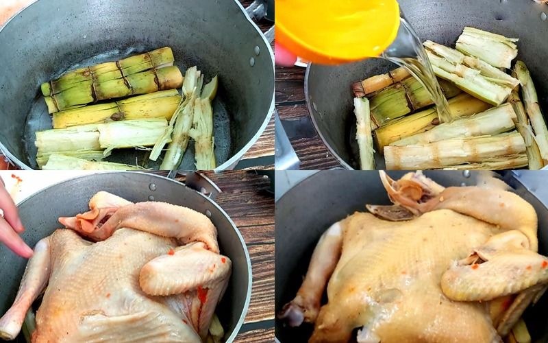 Tiến hành công đoạn làm gà hấp mía
