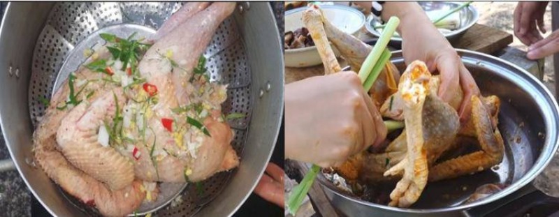 Công đoạn ướp gà với hỗn hợp gia vị