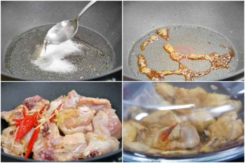 Công đoạn kho thịt gà đã ướp