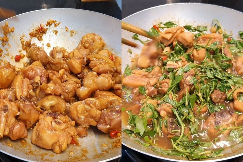 kho thịt gà với rau răm