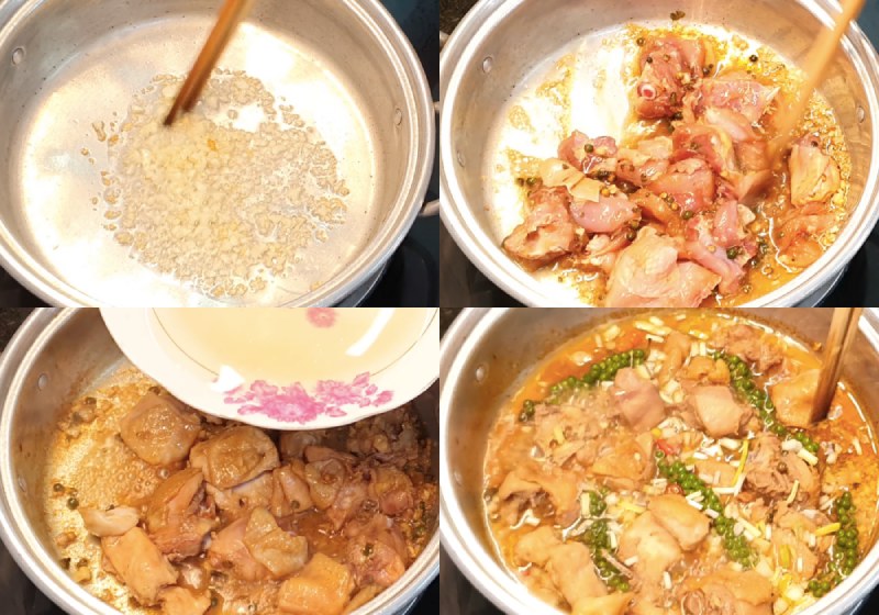 Công đoạn kho gà với tiêu xanh