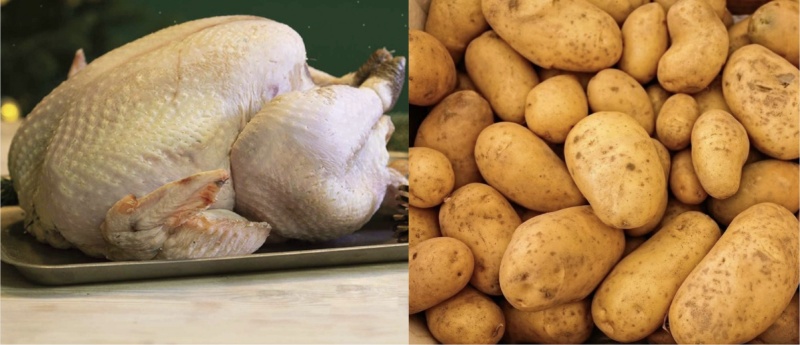 Nguyên liệu chính làm gà nướng Giáng sinh gồm gà tươi và khoai tây