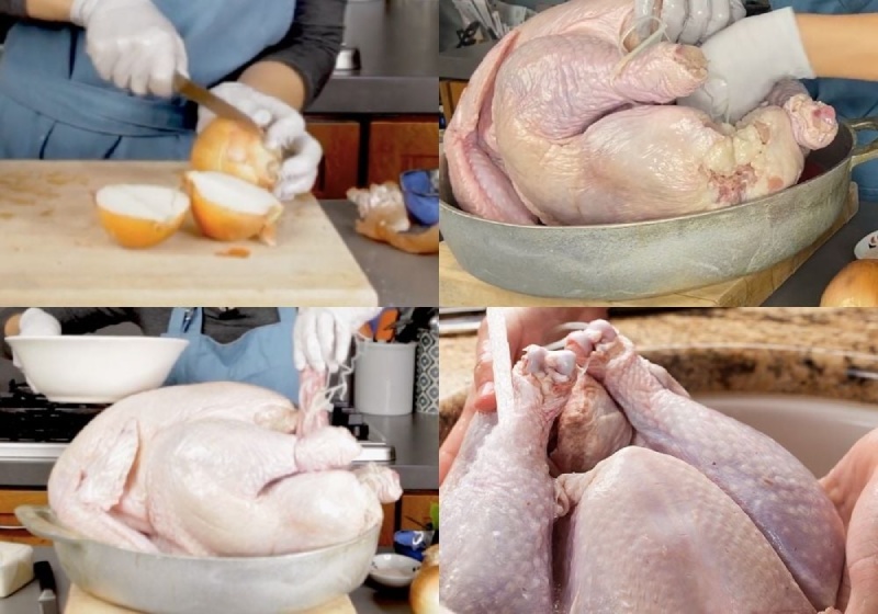 Sơ chế gà nguyên con và chuẩn bị nhân nhồi trước khi nướng