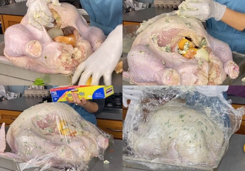 Ướp gà cùng bơ tỏi và rau thơm trước khi bọc màng