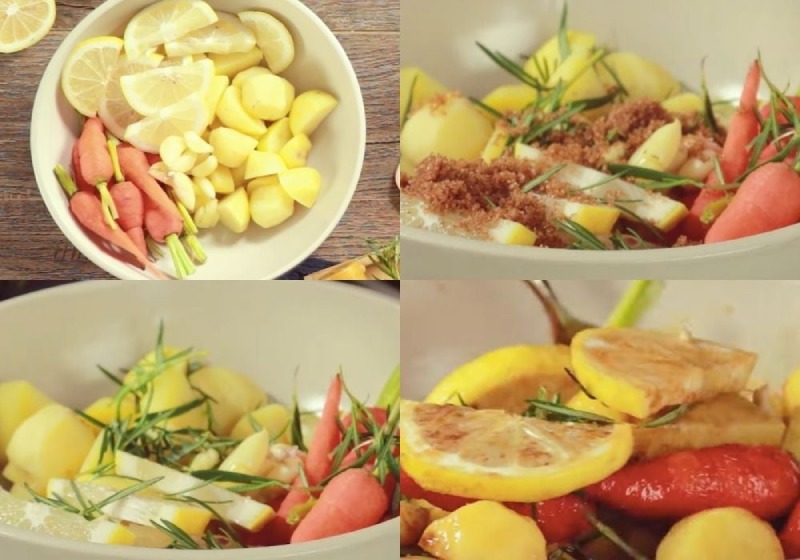 Trộn khoai tây, cà rốt, chanh và thảo mộc ăn kèm gà nướng