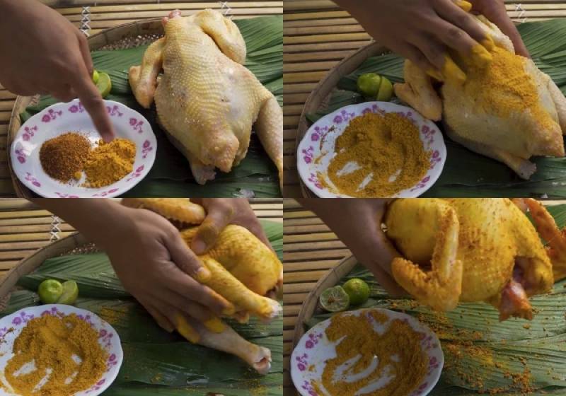 Gà sơ chế sạch, sau đó thoa đều nghệ 