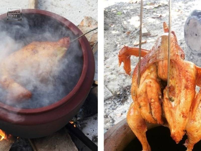 Cho gà vào lu và bắt đầu nướng