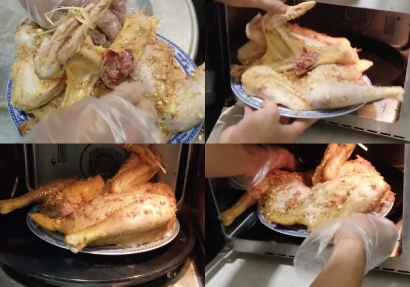 Đặt gà vào lò vi sóng để nướng