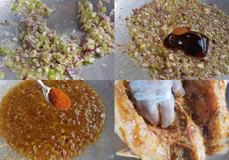 trộn gia vị và ướp gà
