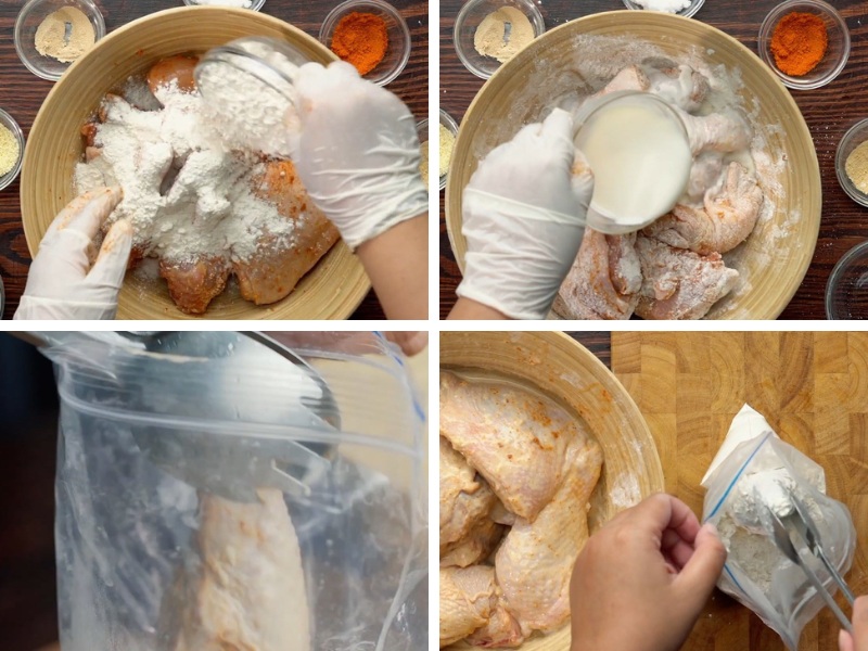 Trộn bột và nhúng gà với bột