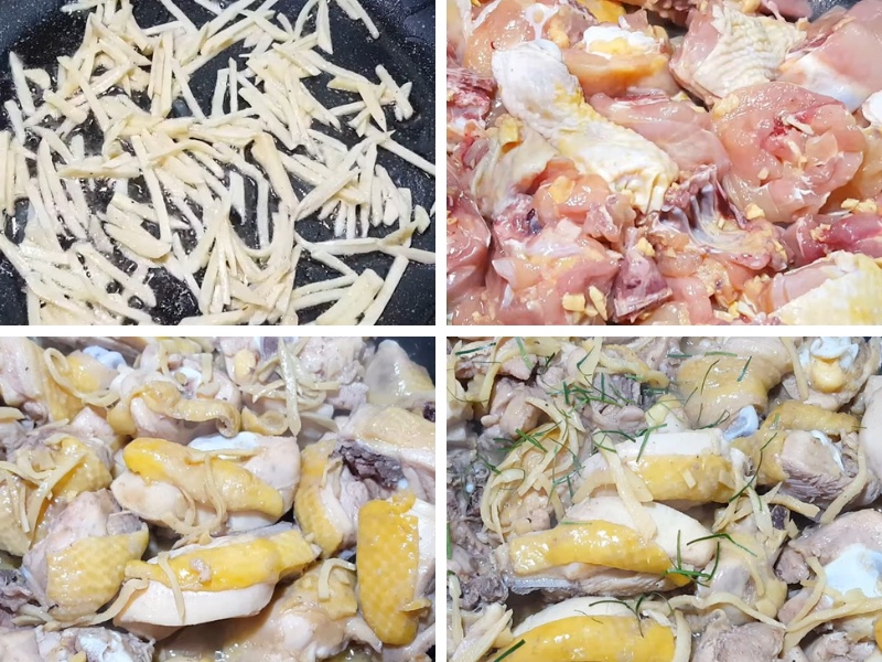 Tiến hành rang thịt gà với gừng