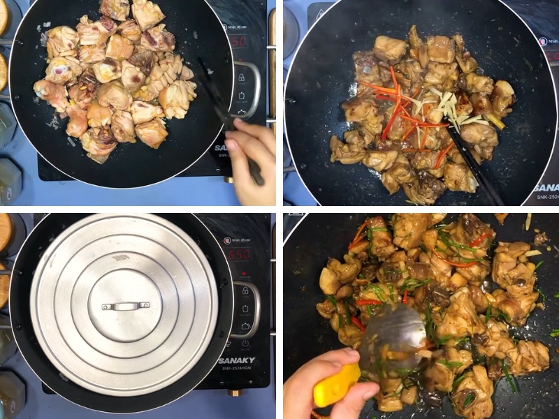 Công đoạn làm gà rang lá chanh