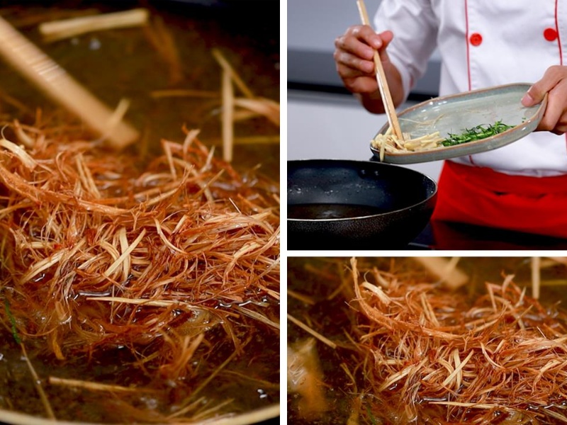 Tiến hành công đoạn chiên sả, gừng