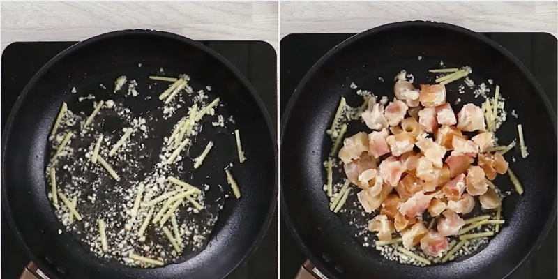 Bắc chảo lên bếp và xào sơ gân bò