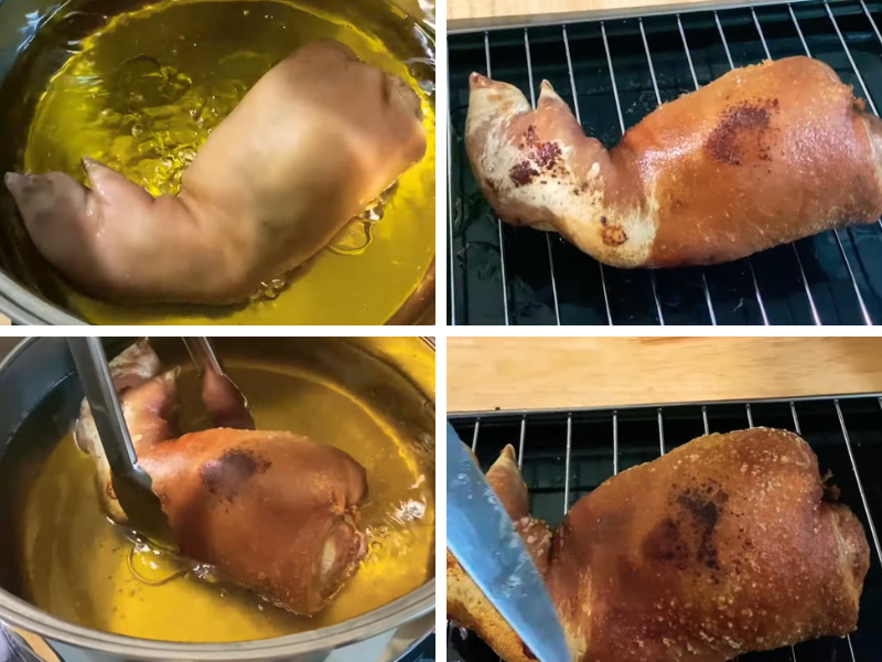 Chiên chân giò heo ngập dầu