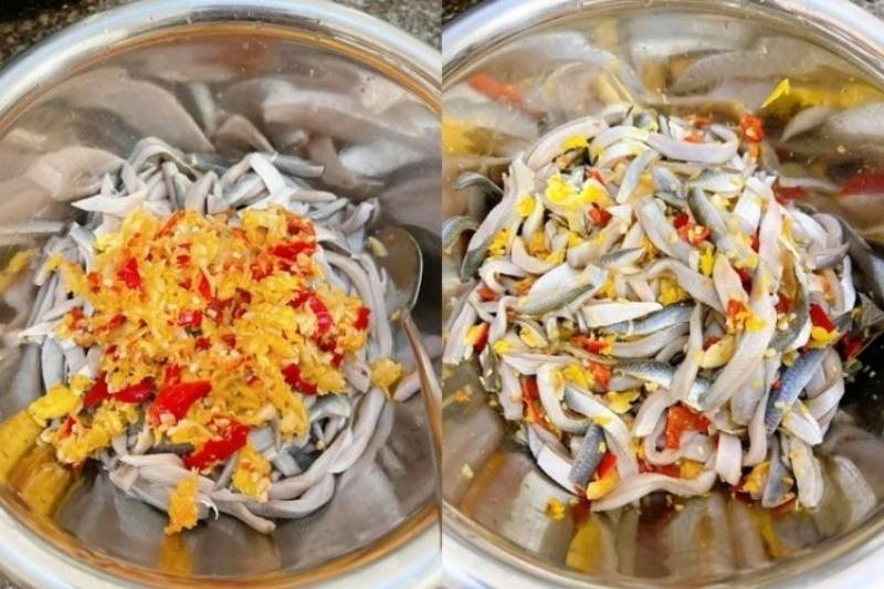 Ướp cá đã tách xương với chút ớt, gừng băm, trộn đều