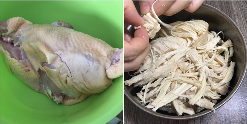 xé thịt gà thành sợi nhỏ vừa ăn