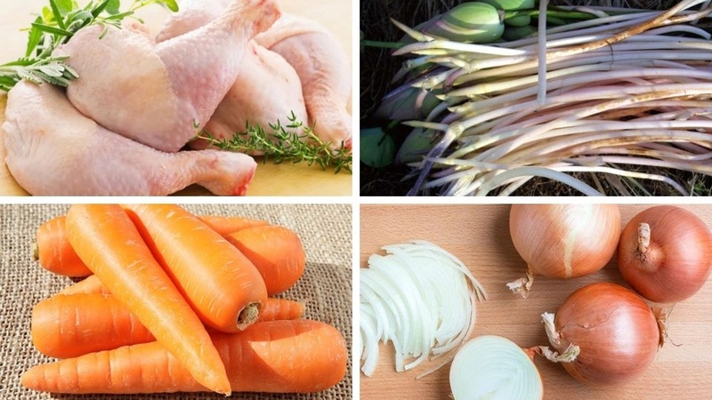 Nguyên liệu chính làm gỏi gồm gà, ngó sen, cà rốt, hành tây