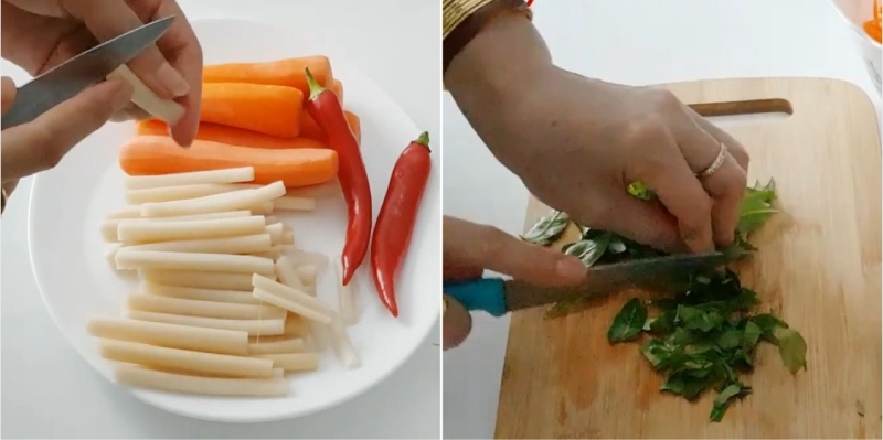 Sơ chế ngó sen, cà rốt, ớt và rau răm