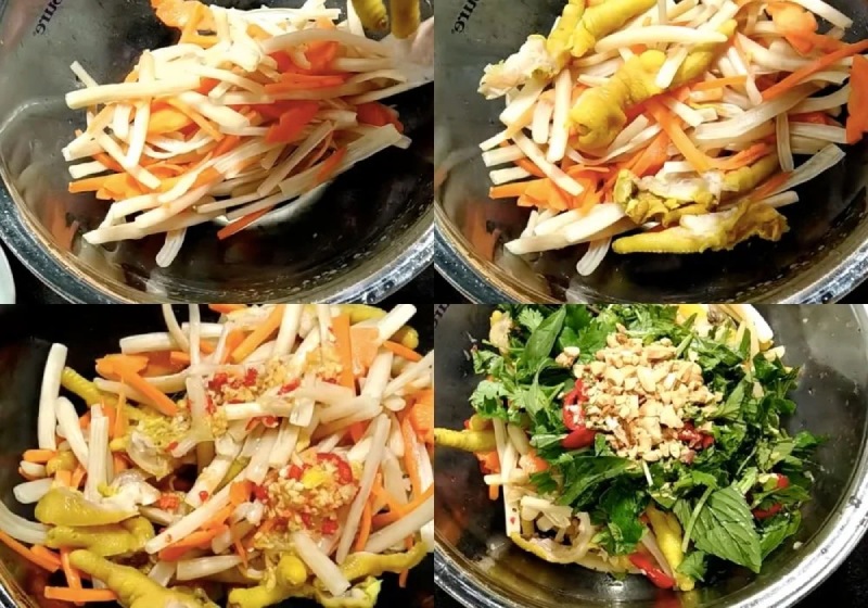 Các bước trộn gỏi gà ngó sen cùng rau và gia vị