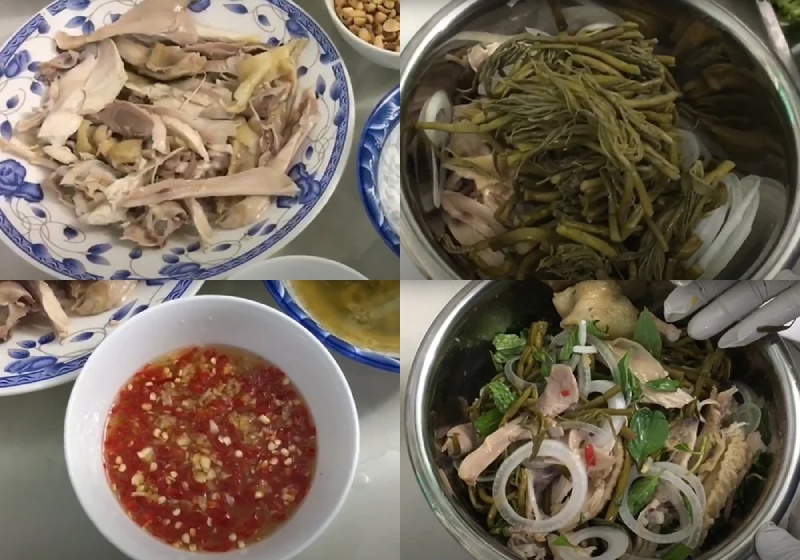Sơ chế, trộn rau móp với thịt gà, hành tây và nước mắm tỏi ớt