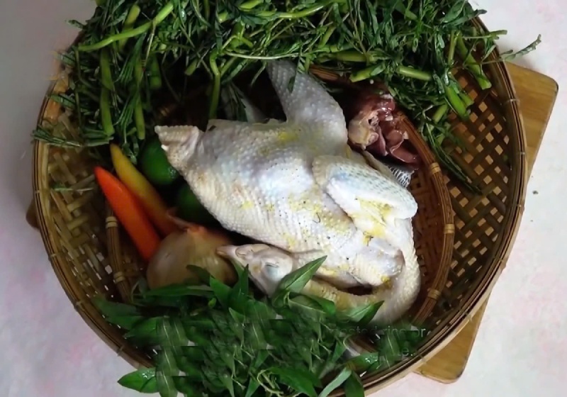  Gà ta nguyên con, rau nhút, rau răm, hành tím, ớt, chanh và một số gia vị cơ bản