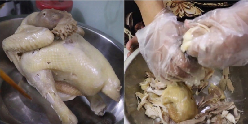 Gà được luộc chín, để nguội và xé nhỏ từng sợi để trộn gỏi