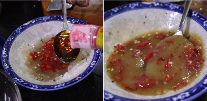 Nước chấm chua ngọt được pha từ muối, đường, chanh và ớt băm nhuyễn