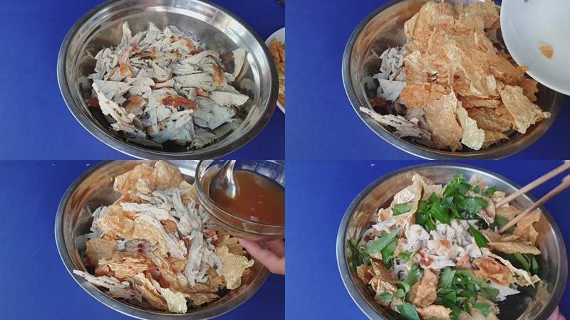 Tiến hành cho nước sốt vào trộn với các nguyên liệu 