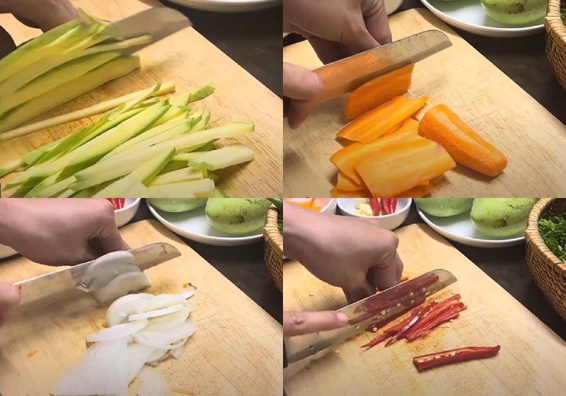 Sơ chế xoài, cà rốt, hành tây và ớt thành sợi mỏng
