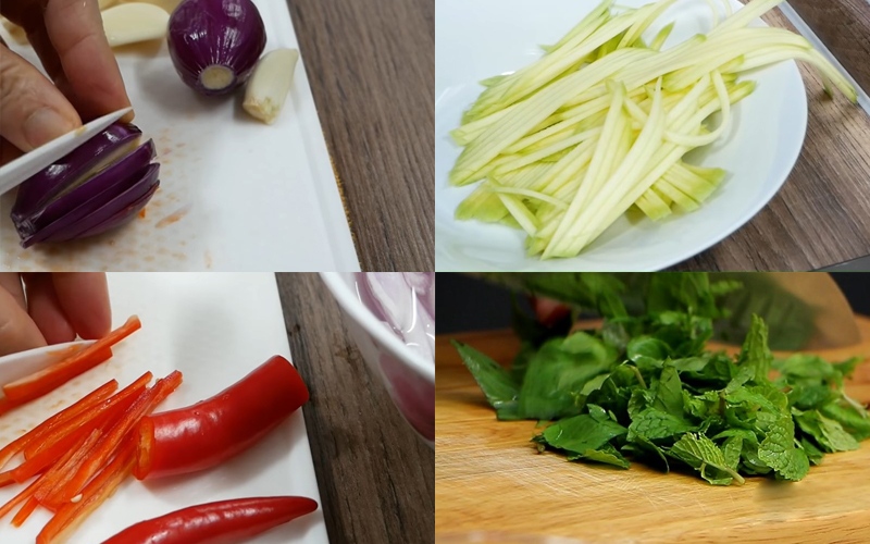  Thái nhỏ hành tím, ớt, rau răm và xoài xanh