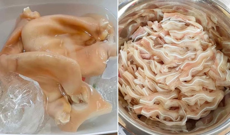 Tai heo luộc và thái lát mỏng sẵn sàng trộn gỏi