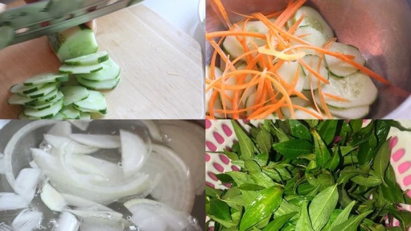 Nguyên liệu gỏi gồm dưa leo, cà rốt, hành tây và rau răm