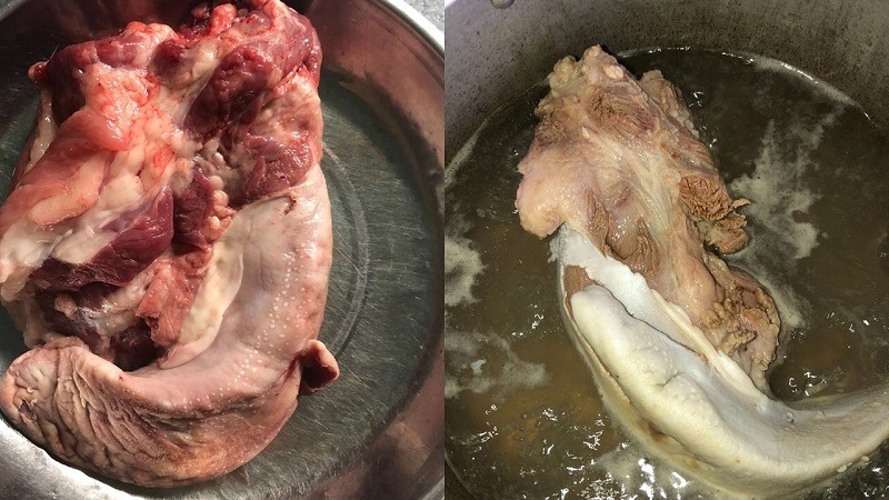 Lưỡi heo tươi sống và sau khi luộc chín trong nồi nước