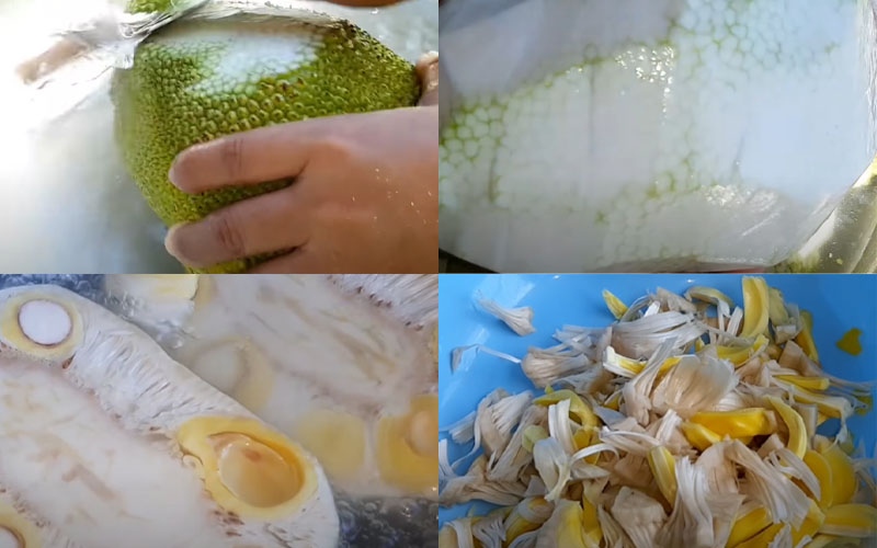 Các bước sơ chế mít non gồm gọt vỏ, luộc, tách sợi