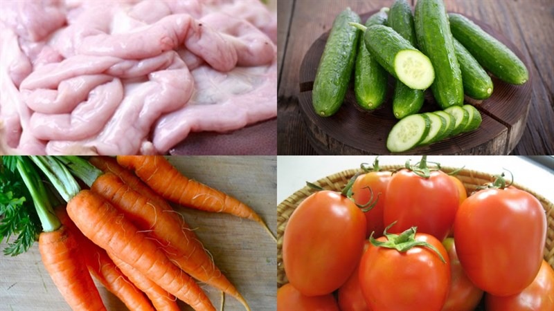 Nguyên liệu làm gỏi gồm lòng heo, dưa leo, cà rốt và cà chua