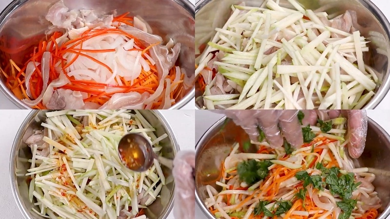 Các nguyên liệu như tai heo, cà rốt, hành tây và ổi được trộn đều với nước mắm tỏi ớt
