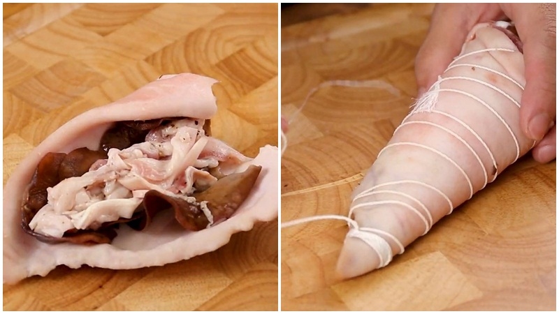 Nhồi nhân mộc nhĩ vào tai heo và cuộn chặt bằng dây