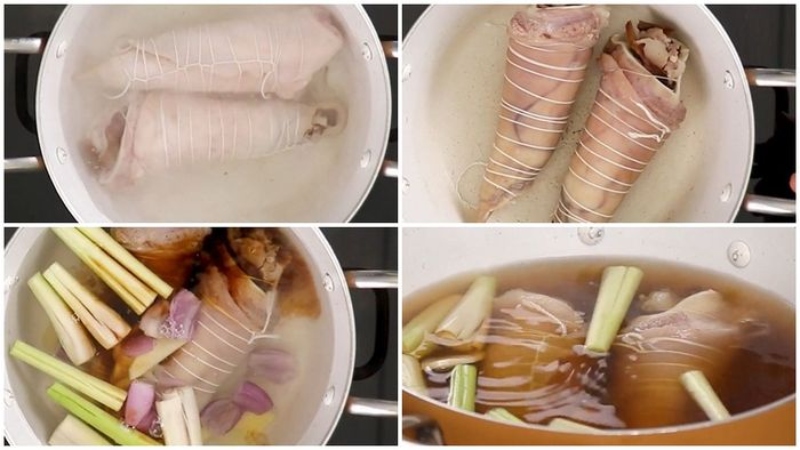Luộc tai heo cuộn với sả, hành, gừng cho thơm