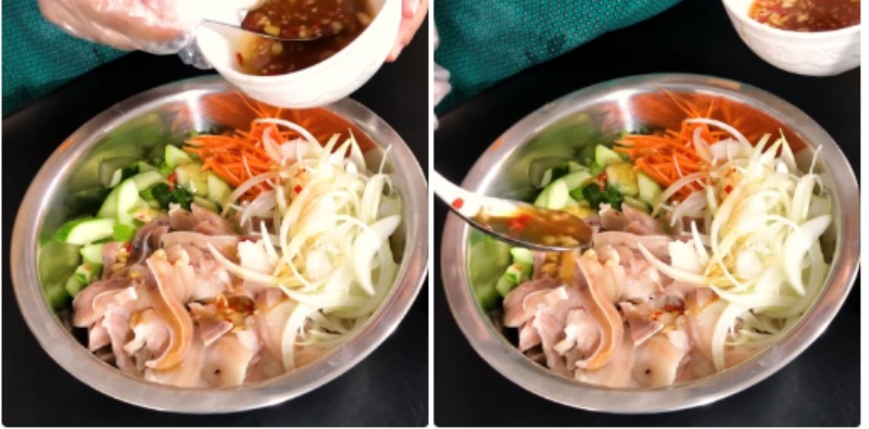 Chan nước mắm vào tô nguyên liệu để trộn gỏi tai heo